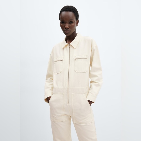 Mango Pants - Mango Cream denim zipper jumpsuit NWT